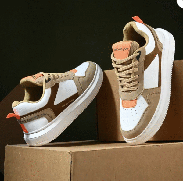 Men's Fashion Sneakers Bold Beige & Orange Contrast Sneakers For Men (Beige , 6)